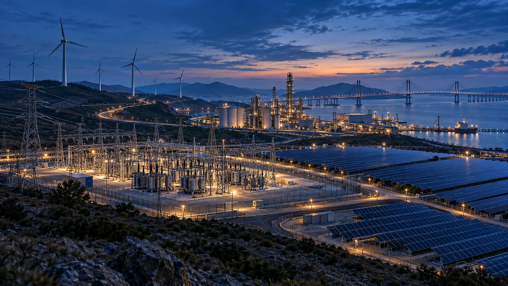 Integrated substation, renewable energy, process plant and bridge infrastructure
