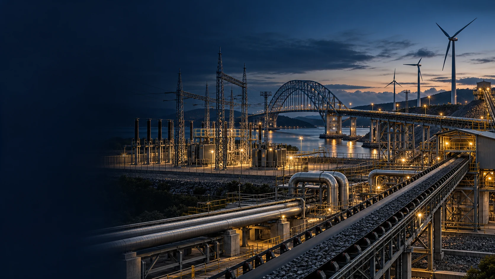 Integrated electrical, structural and mechanical engineering infrastructure at blue hour